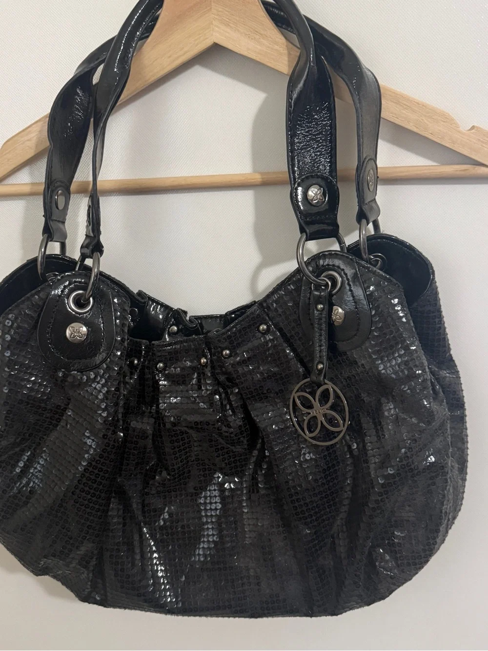 Relic Black Shiny Textured Shoulder Studded Bag Purse Glossy Fabric Rocker Biker